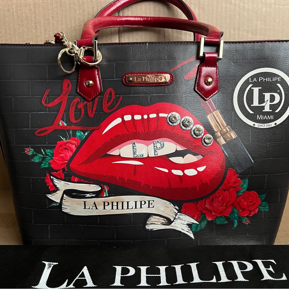 La Philipe Miami Studded Satchel Handbag Black Red Lips Rose Rocker Glam NWT